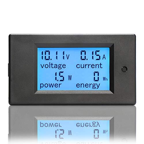 DC Energy Meter 100A, 6.5-100V DC, LCD, V A W Energy with Alarms, Panel Mount for Solar Battery RV Monitoring