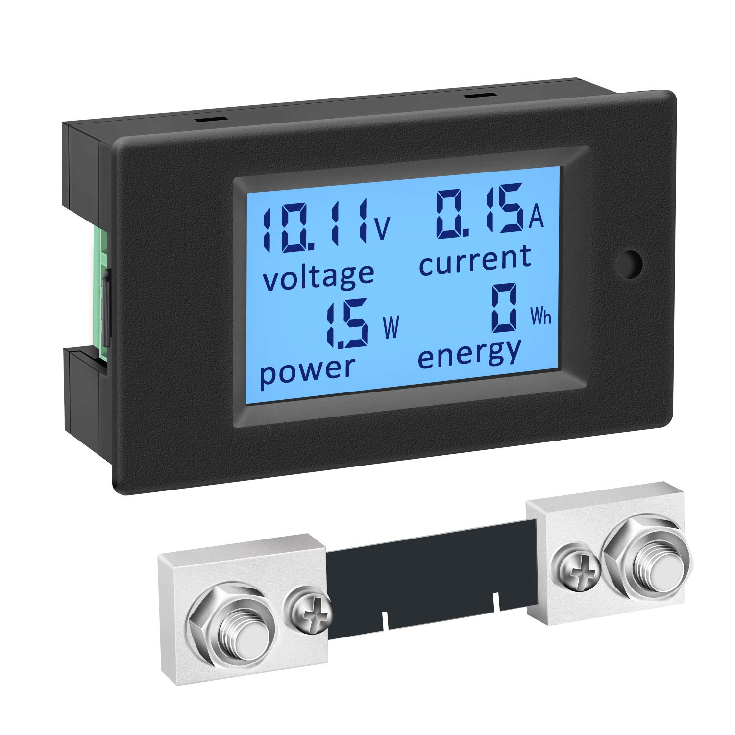 DC Energy Meter 100A, 6.5-100V DC, LCD, V A W Energy with Alarms, Panel Mount for Solar Battery RV Monitoring