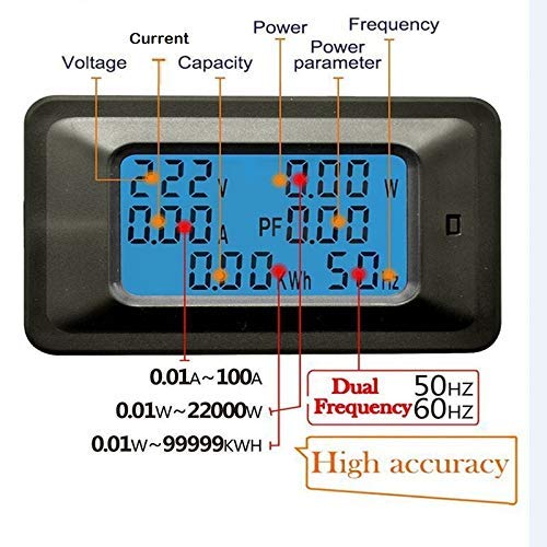 Digital Energy Meter 20A/100A, 50-300V AC, LCD, V A W kWh PF Hz, Panel Mount for Home Industrial Sub-Metering