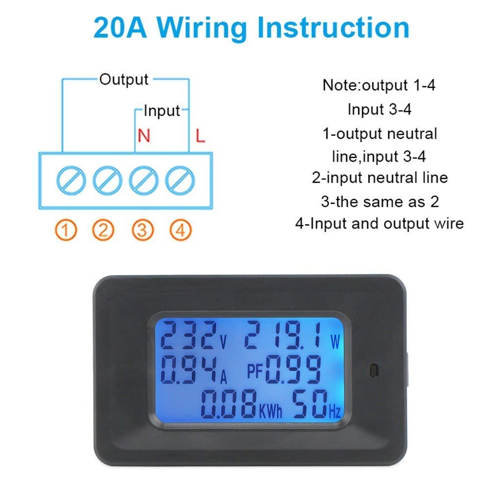 Digital Energy Meter 20A/100A, 50-300V AC, LCD, V A W kWh PF Hz, Panel Mount for Home Industrial Sub-Metering