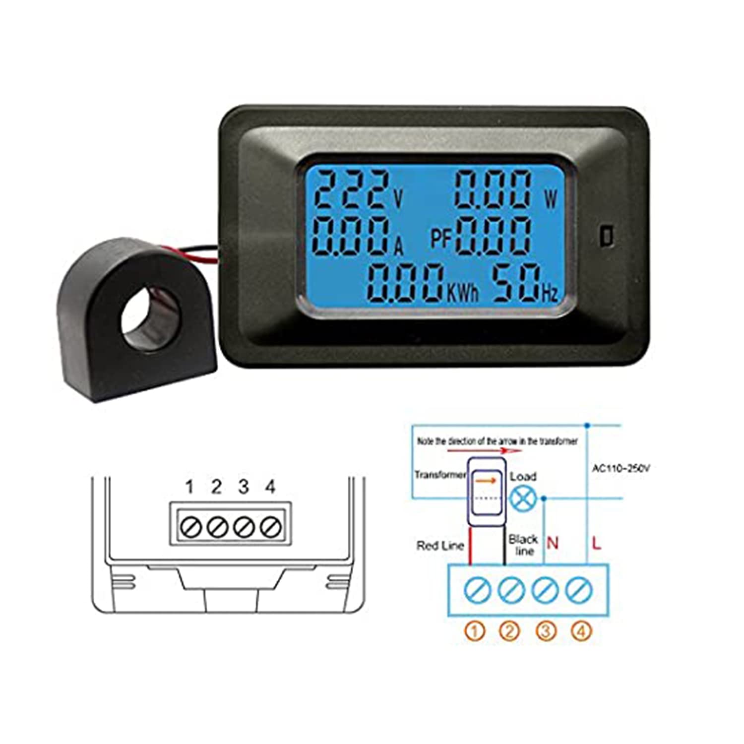 Digital Energy Meter 100A, 40-300V AC, HD LCD, V A W kWh PF Hz, DIN/Panel Mount for Home Commercial Sub-Metering