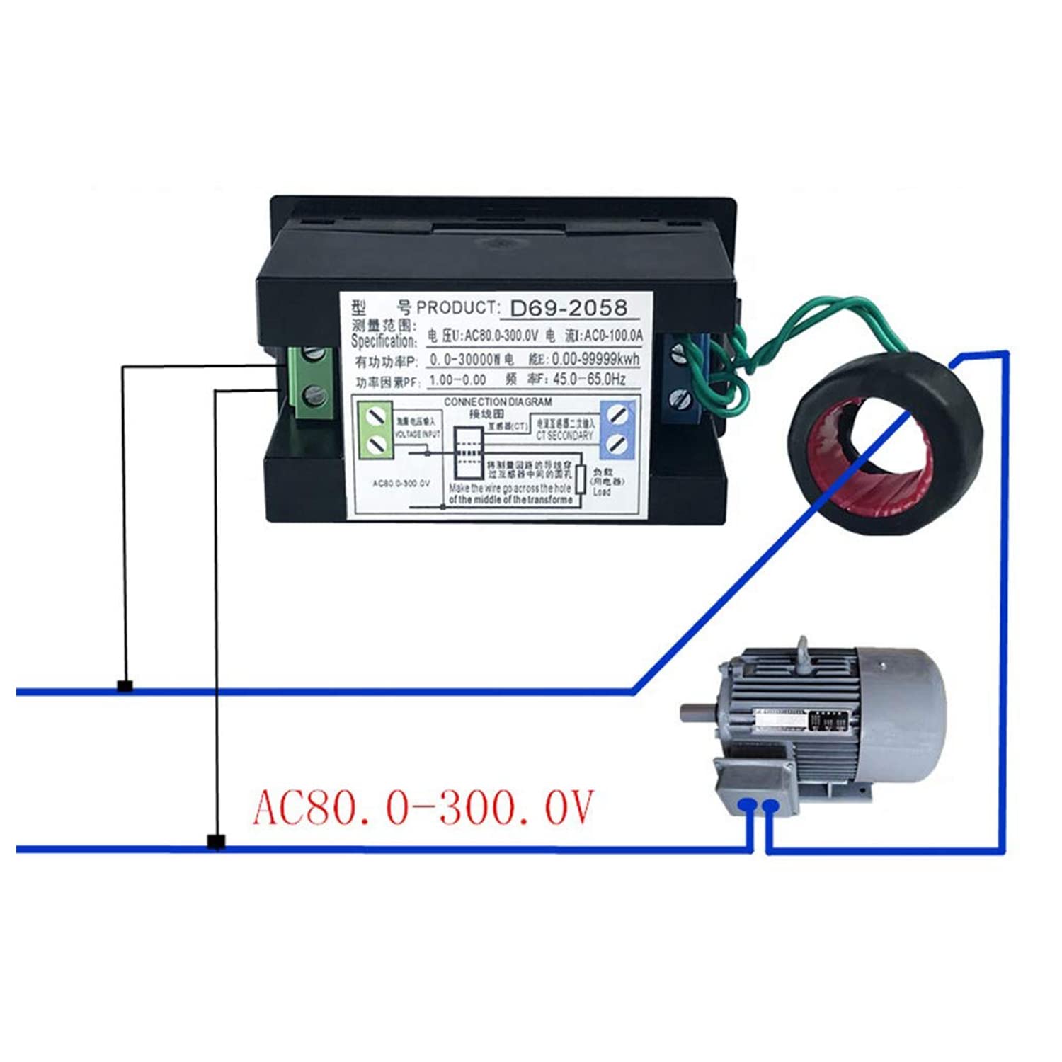Digital Energy Meter 100A with CT Input, 40-300V/200-450V AC, HD LCD, V A W kWh PF Hz for Commercial Industrial