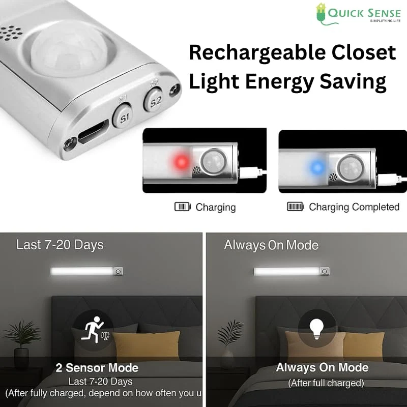 Rechargeable Motion Sensor LED Bar Strip Light, USB, Slim Magnetic Stick-on for Wardrobe Kitchen Shelf Stairs