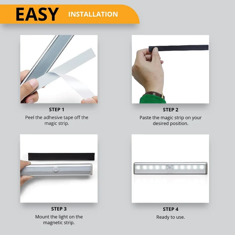 Rechargeable Motion Sensor Cabinet Light, USB, LED Battery Indicator, Magnetic Stick-on for Wardrobe Kitchen