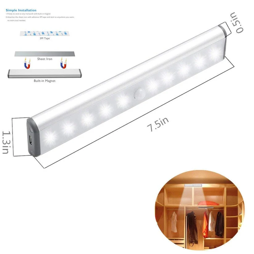 Rechargeable Motion Sensor Cabinet Light, USB, LED Battery Indicator, Magnetic Stick-on for Wardrobe Kitchen