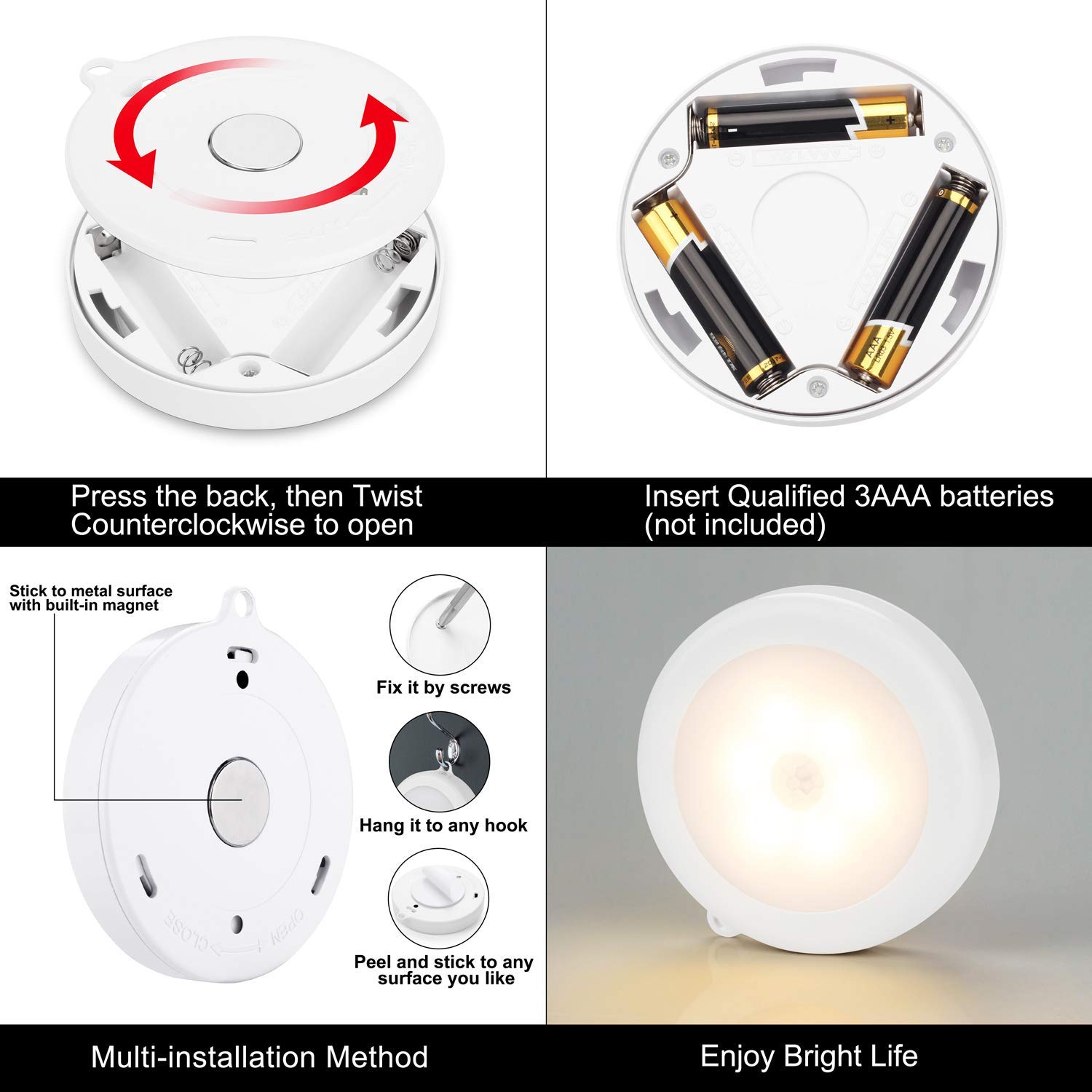 PIR Motion Sensor Cabinet Light, Battery (3xAAA), Warm White Bright LED, Magnetic Stick-on for Wardrobe Almirah