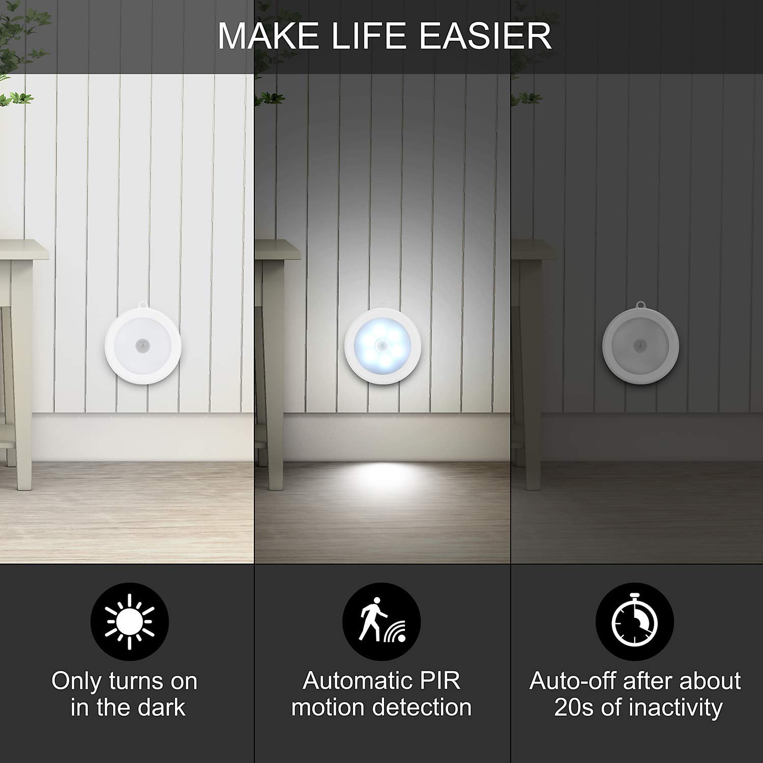 PIR Motion Sensor Cabinet Light, Battery (3xAAA), Cool White LED, Magnetic Stick-on for Wardrobe Almirah