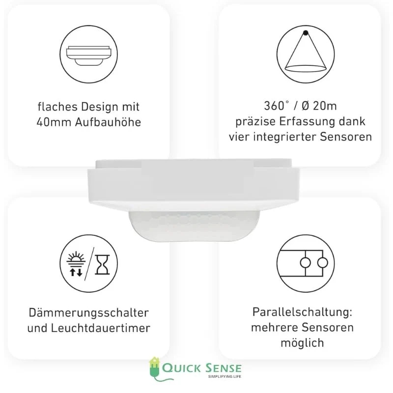 360° Long Range Presence Sensor Switch, 20m, 2000W, 30min Delay, Day Night Auto, AC 220-240V for Warehouse Hall