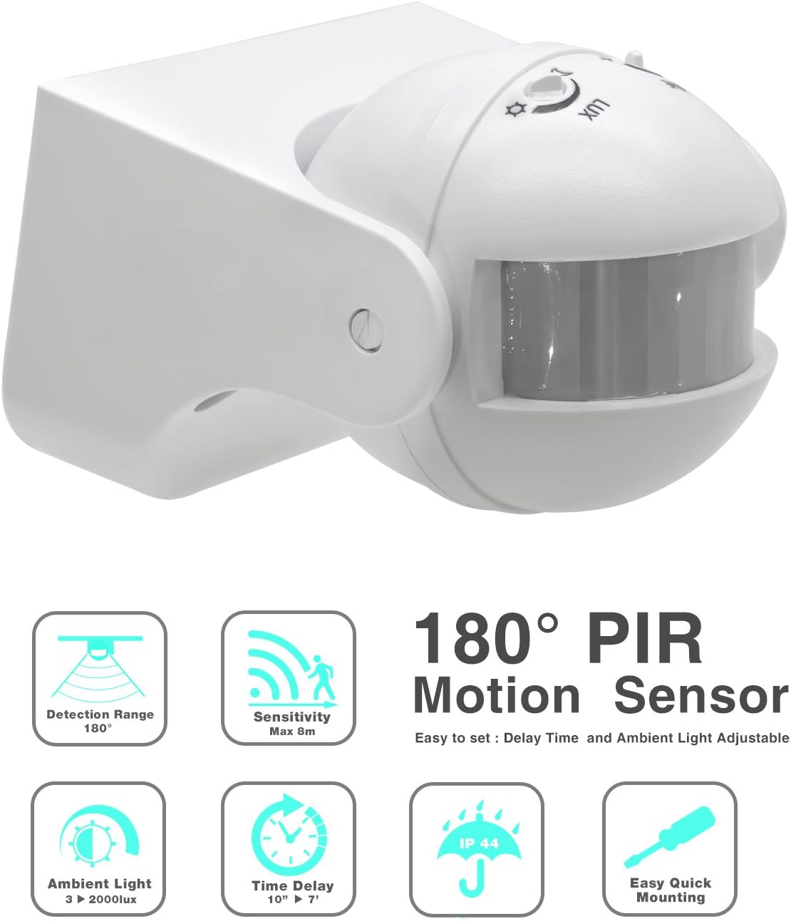 Wall PIR Motion Sensor Switch, 180° 12m, 1200W, IP44, Day Night Auto, Adjustable Delay, AC 220-240V Outdoor