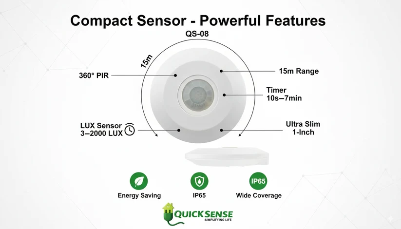 360° Ceiling PIR Motion Sensor Switch, 6m, Heavy Duty 2000W, Day Night Auto, Adjustable Delay, AC 220-240V