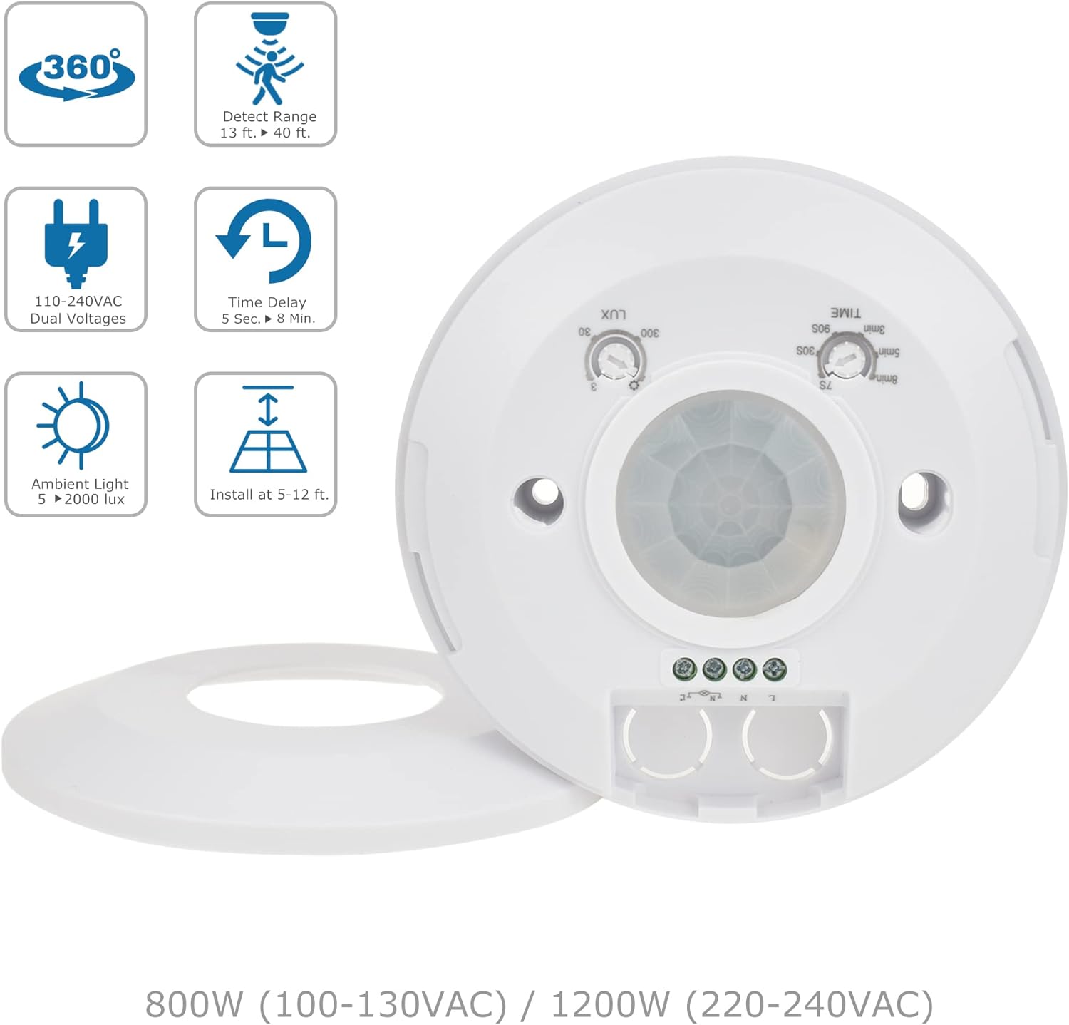 360° Ceiling PIR Motion Sensor Switch, 6m, 100W, Day Night Auto, Adjustable Time Delay, AC 220-240V LED Lights