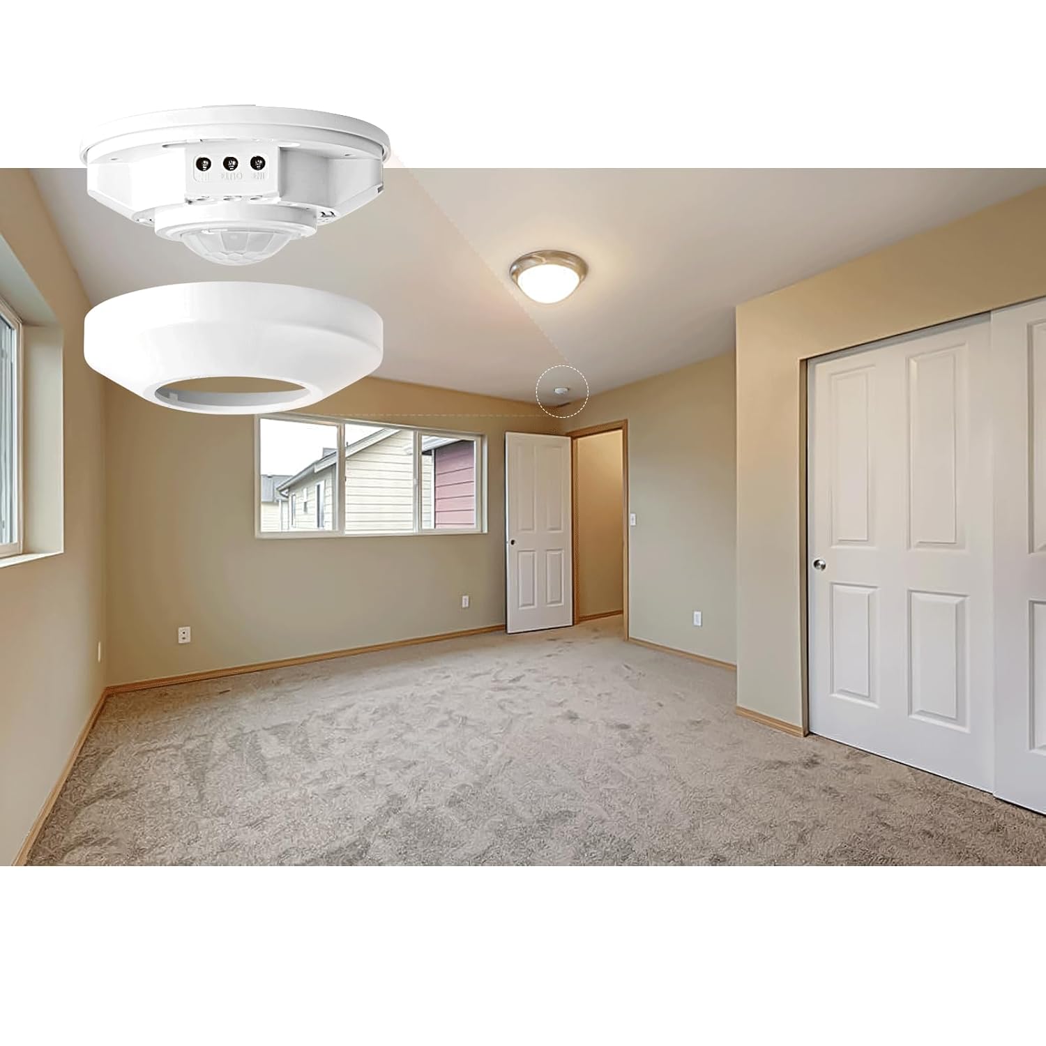 360° Ceiling PIR Motion Sensor Switch, 6m, 100W, Day Night Auto, Adjustable Time Delay, AC 220-240V LED Lights