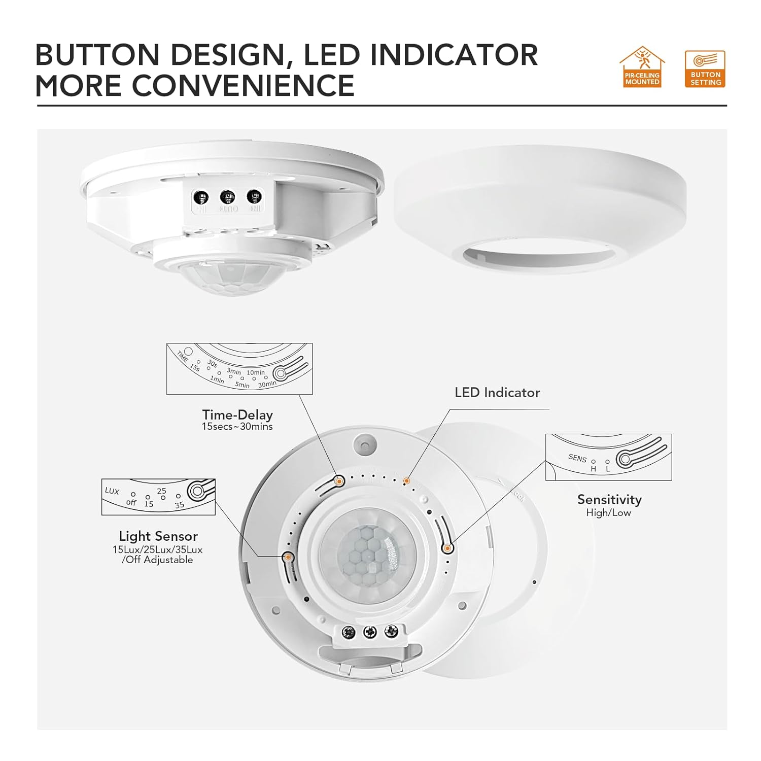 360° Ceiling PIR Motion Sensor Switch, 6m, 100W, Day Night Auto, Adjustable Time Delay, AC 220-240V LED Lights