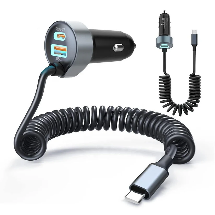 Car Charger Multiport with Retractable Cable, 69W USB-C PD Fast Charge, Digital Display, 12V for Car Truck