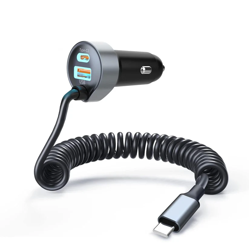 Car Charger Multiport with Retractable Cable, 69W USB-C PD Fast Charge, Digital Display, 12V for Car Truck