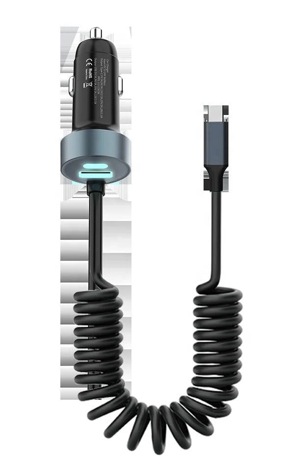 Car Charger Multiport with Retractable Cable, 69W USB-C PD Fast Charge, Digital Display, 12V for Car Truck
