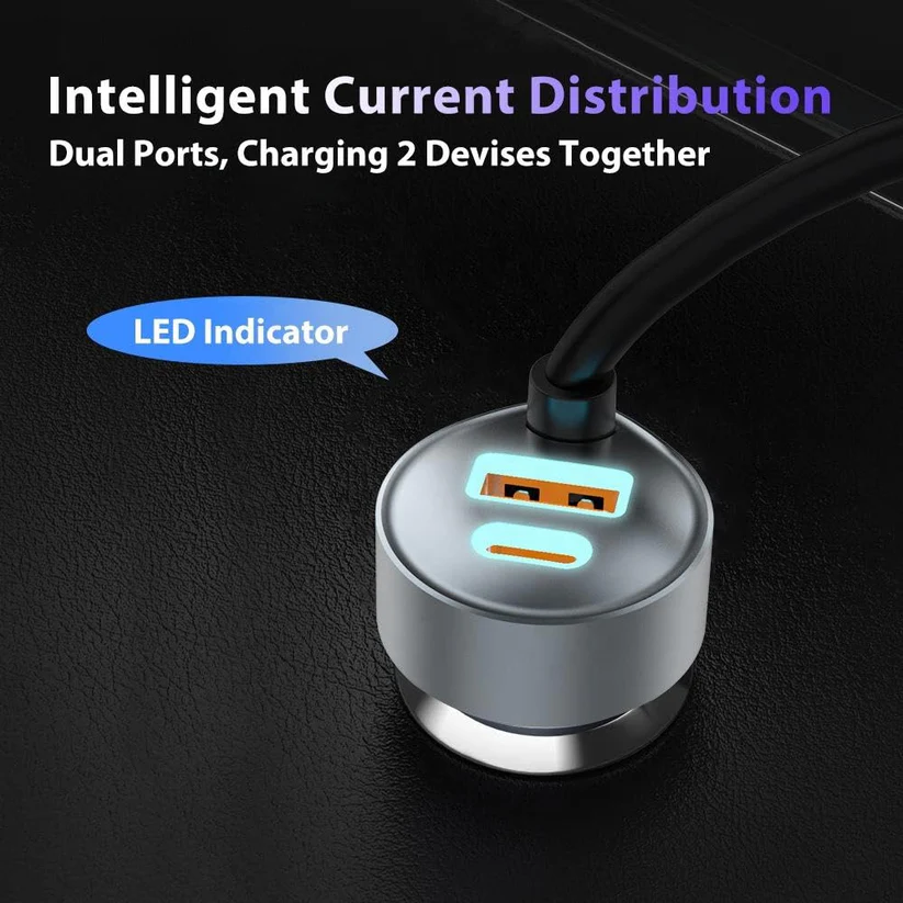 Car Charger Multiport with Retractable Cable, 69W USB-C PD Fast Charge, Digital Display, 12V for Car Truck