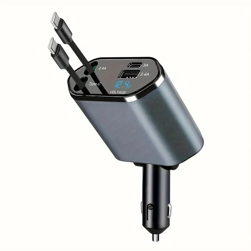 Car Charger Multiport, 69W USB-C PD Fast Charge, Digital Display, Retractable Inline Adapter for Car Truck