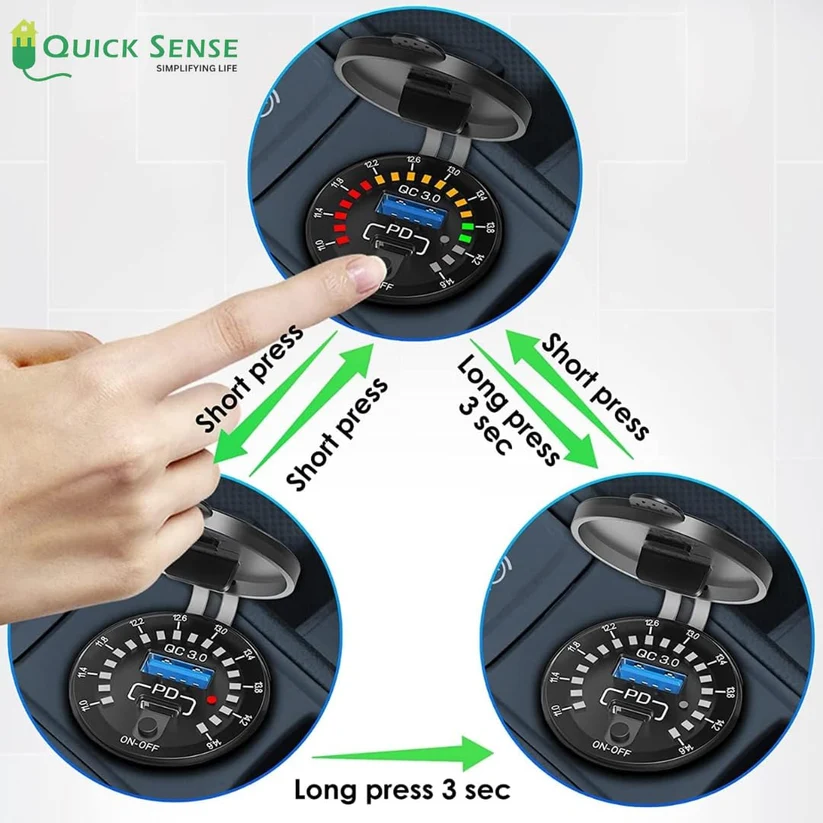 Car Charger USB Outlet, PD 65W Laptop Fast Charge, QC3.0, Voltmeter & ON/OFF Switch, 12V/24V Flush Mount