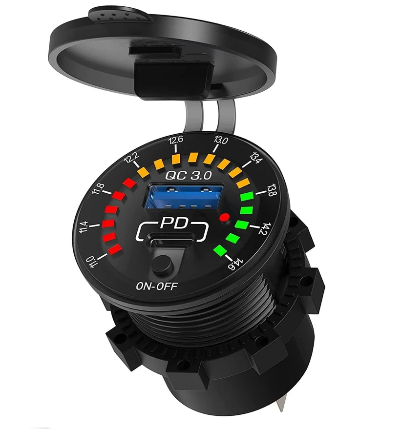 Car Charger USB Outlet, PD 65W Laptop Fast Charge, QC3.0, Voltmeter & ON/OFF Switch, 12V/24V Flush Mount