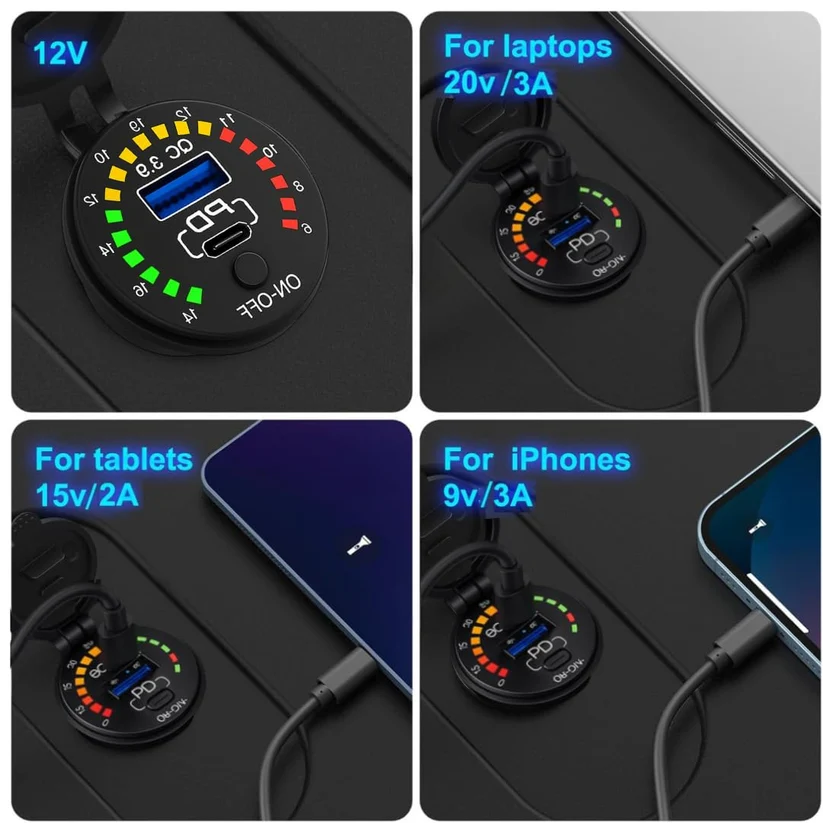 Car Charger USB Outlet, PD 65W Laptop Fast Charge, QC3.0, Voltmeter & ON/OFF Switch, 12V/24V Flush Mount