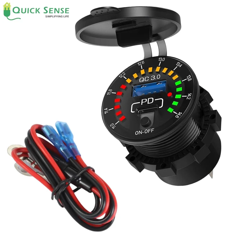 Car Charger USB Outlet, PD 65W Laptop Fast Charge, QC3.0, Voltmeter & ON/OFF Switch, 12V/24V Flush Mount