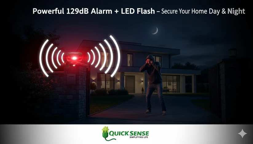 Solar Motion Sensor Alarm, 360° PIR, 130dB Siren with Strobe, IP55 Waterproof for Home Farm Perimeter Outdoor