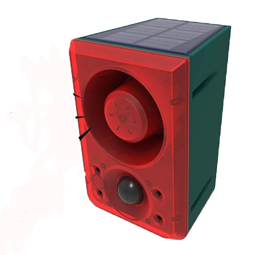 Solar Motion Sensor Alarm, PIR, 130dB Recordable Siren, Strobe, 3 Modes, Remote, IP55 for Home Farm Outdoor