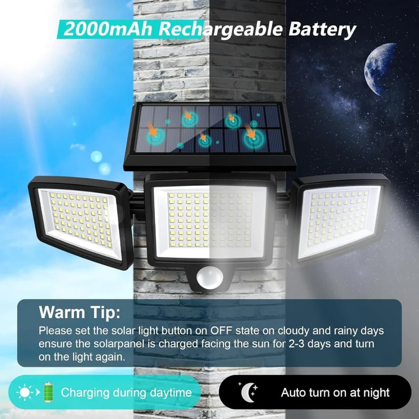 Solar Motion Sensor Security Light, Outdoor Waterproof LED Flood Light, PIR, Auto ON/OFF for Garden Garage