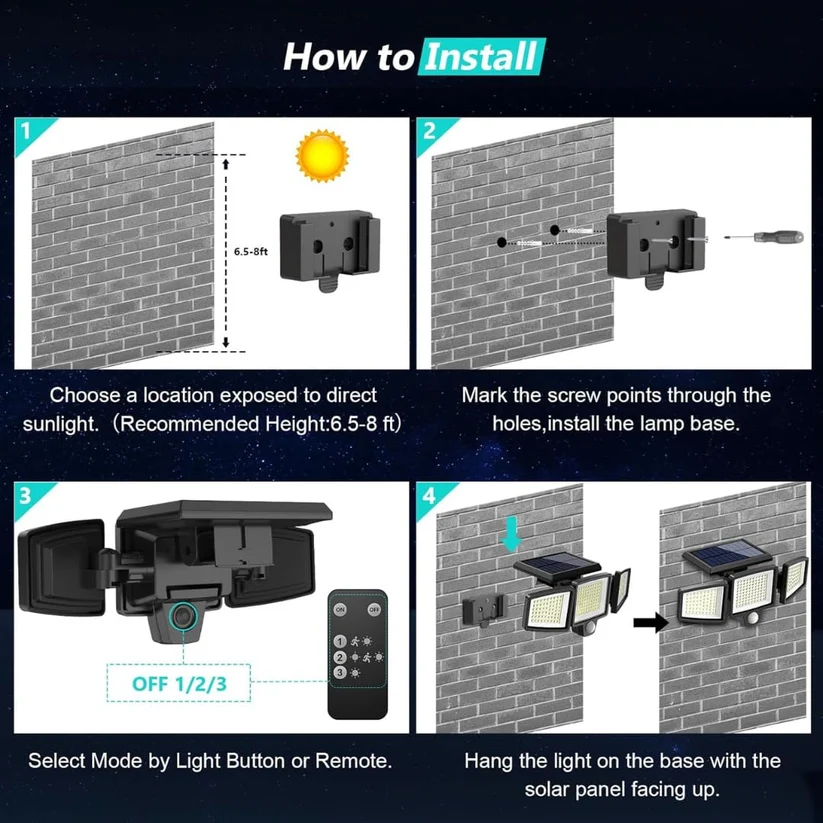 Solar Motion Sensor Security Light, Outdoor Waterproof LED Flood Light, PIR, Auto ON/OFF for Garden Garage