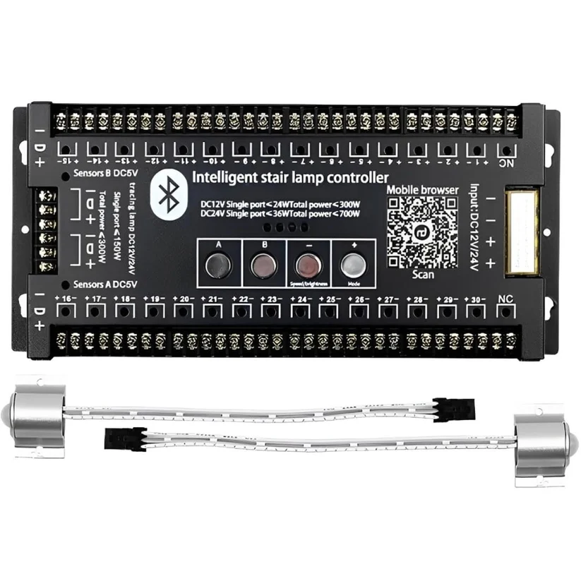 LED Staircase Light Controller with Bluetooth App, Motion Sensor, 30 Steps, DC 12V, 500W, PIR for Villa Premium