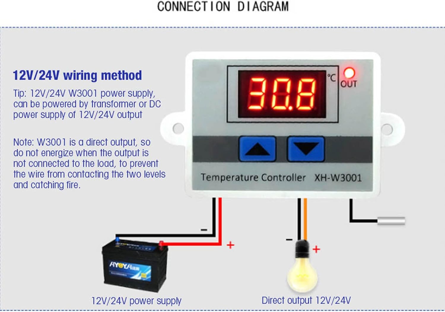 XH-W3001 digital temperature controller thermostat with temperature probe for heating and cooling