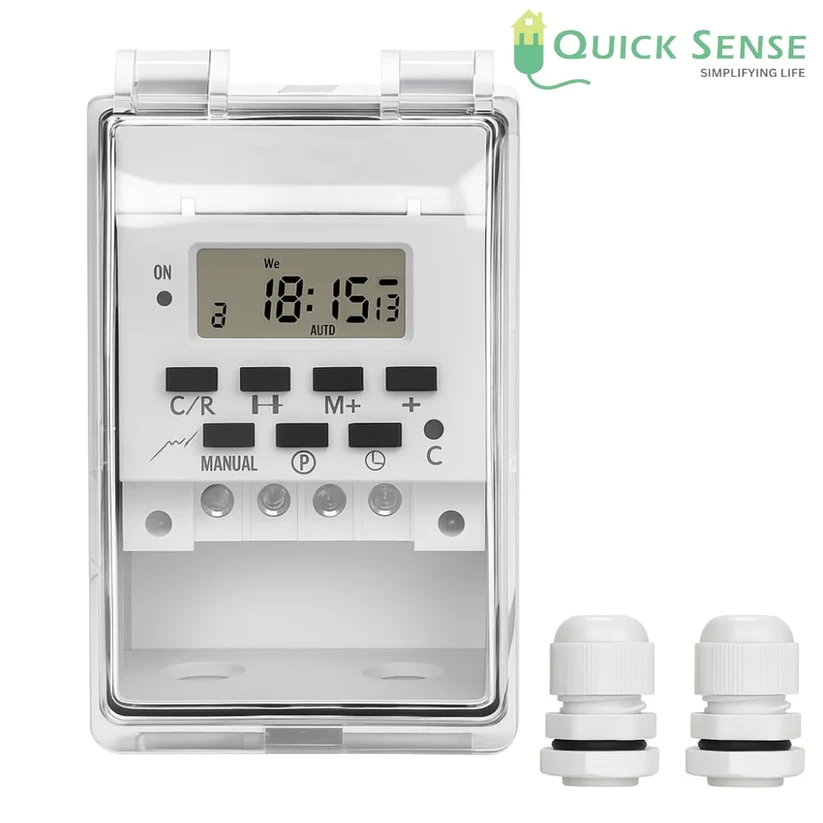 IP65 Waterproof Digital Timer Switch, 30A, 220-240V, 16 Programs, Battery Backup, DIN/Panel Outdoor Motor Pump