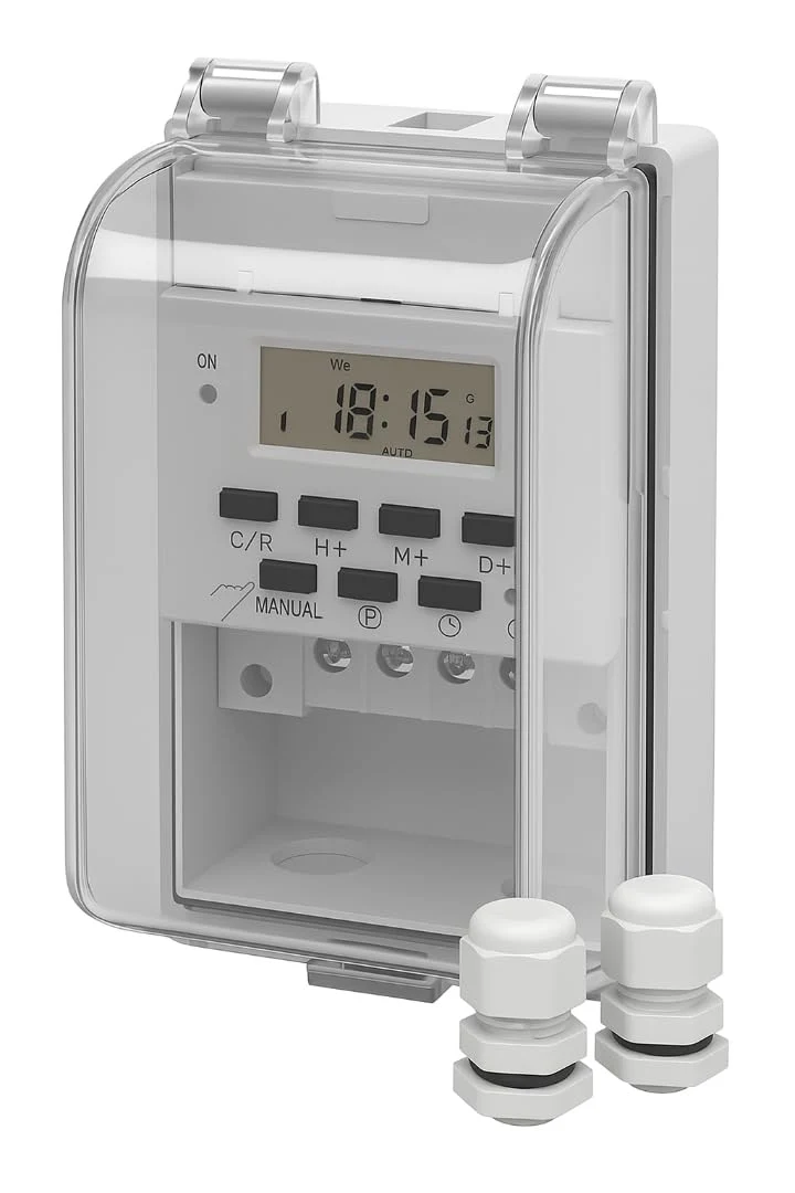 IP65 Waterproof Digital Timer Switch, 30A, 220-240V, 16 Programs, Battery Backup, DIN/Panel Outdoor Motor Pump