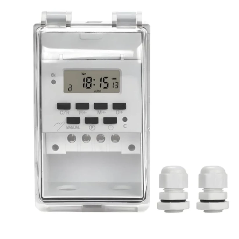 IP65 Waterproof Digital Timer Switch, 30A, 220-240V, 16 Programs, Battery Backup, DIN/Panel Outdoor Motor Pump