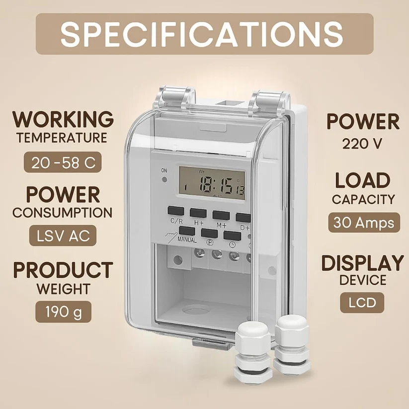 IP65 Waterproof Digital Timer Switch, 30A, 220-240V, 16 Programs, Battery Backup, DIN/Panel Outdoor Motor Pump