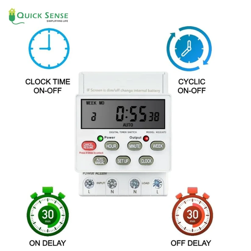 Digital Heavy Duty Timer Switch, 30A, 220-240V, 16 Programs, Battery Backup, DIN/Panel Mount for Motor Pump
