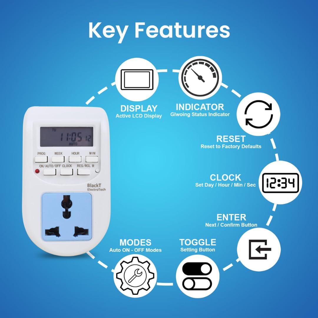 Digital Programmable Plug-in Timer Switch, 220-240V, 10A 2000W, LCD, 16 Programs, Battery Backup Socket Timer