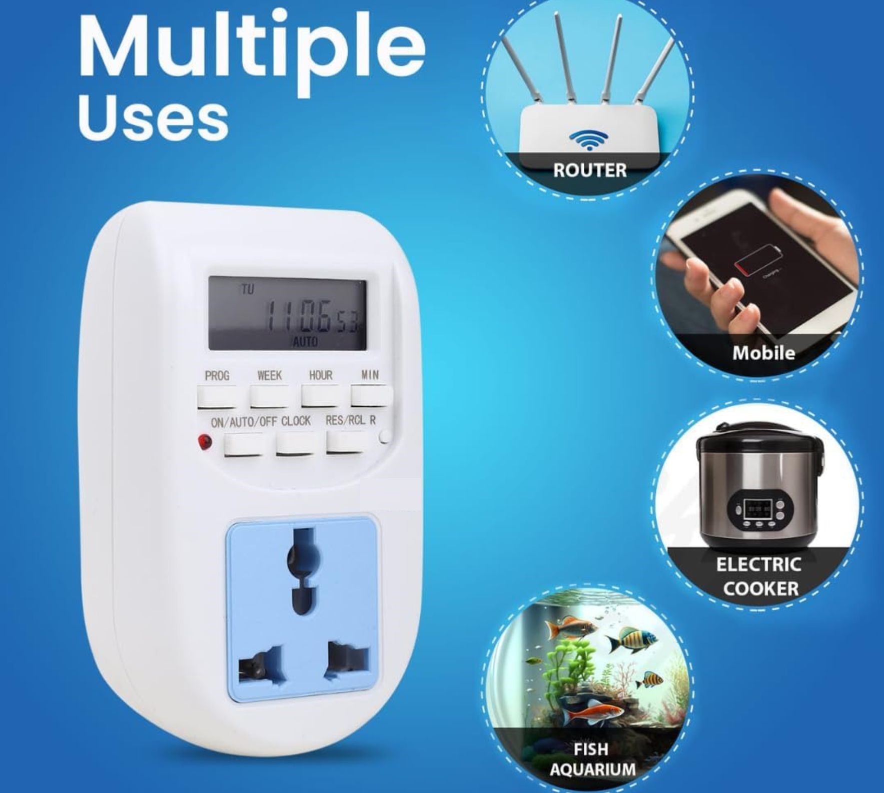 Digital Programmable Plug-in Timer Switch, 220-240V, 10A 2000W, LCD, 16 Programs, Battery Backup Socket Timer