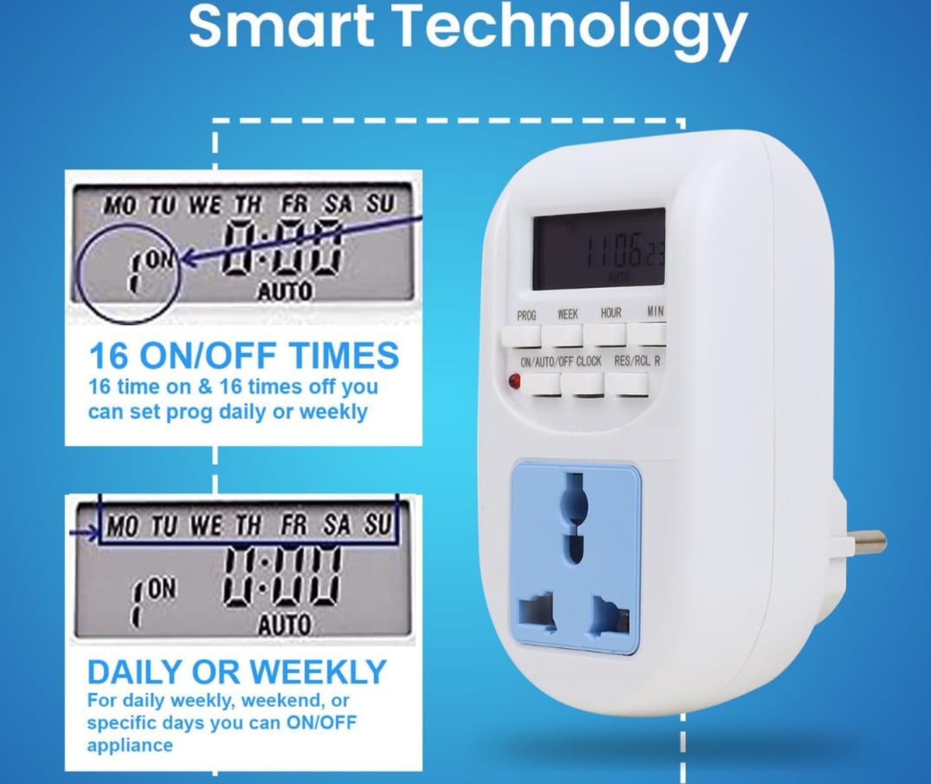 Digital Programmable Plug-in Timer Switch, 220-240V, 10A 2000W, LCD, 16 Programs, Battery Backup Socket Timer