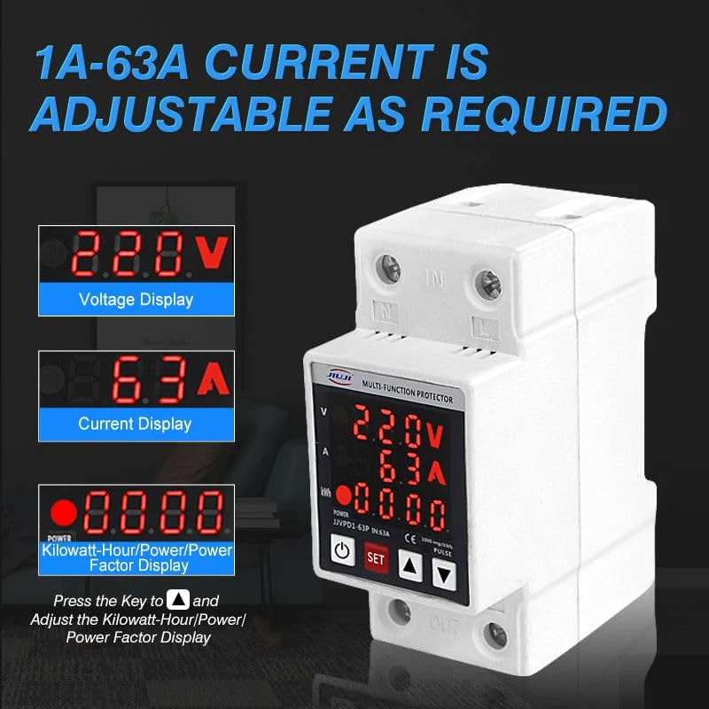 Single Phase Voltage Protector, 63A, 230V, Digital LED, Over/Under Voltage & Overcurrent, CE, Auto-Reconnect