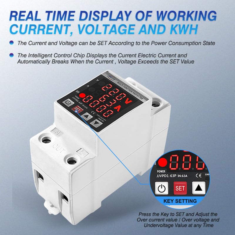 Single Phase Voltage Protector, 63A, 230V, Digital LED, Over/Under Voltage & Overcurrent, CE, Auto-Reconnect