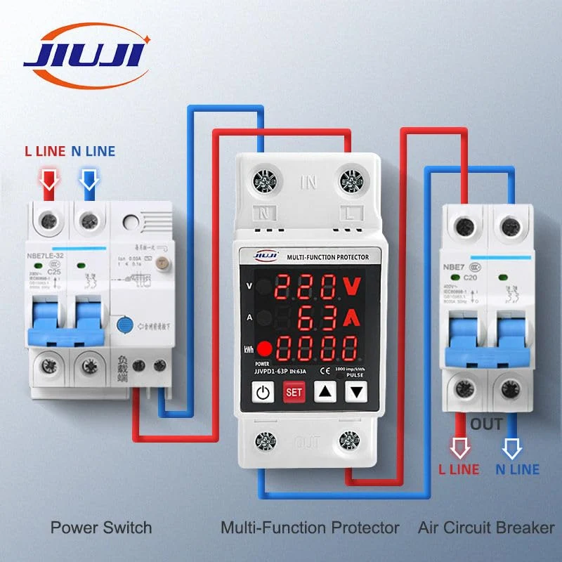 Single Phase Voltage Protector, 63A, 230V, Digital LED, Over/Under Voltage & Overcurrent, CE, Auto-Reconnect