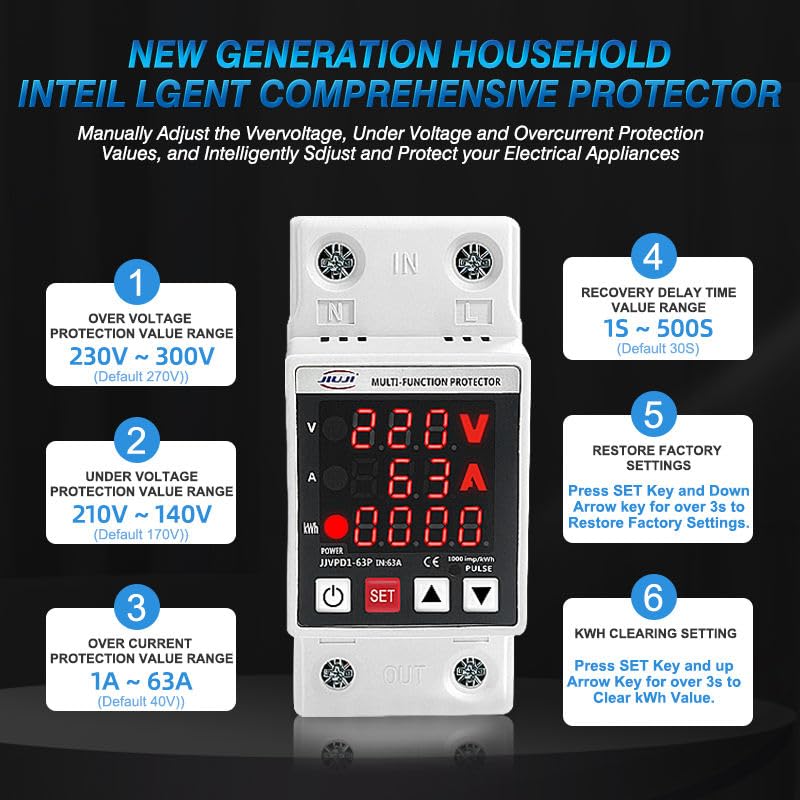 Single Phase Voltage Protector, 63A, 230V, Digital LED, Over/Under Voltage & Overcurrent, CE, Auto-Reconnect