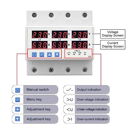 Three Phase Voltage Protector, 3-63/100A, 140-300V, Phase Loss/Unbalance, Over/Under Voltage, DIN for Motor