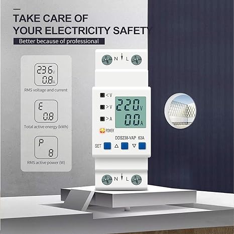 Single Phase Voltage Protector with Energy Meter, 1-63A, 85-300V, LCD, Programmable, Auto-Reconnect DIN Rail