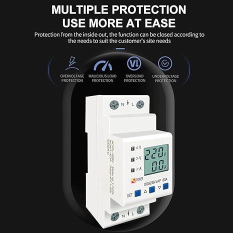 Single Phase Voltage Protector with Energy Meter, 1-63A, 85-300V, LCD, Programmable, Auto-Reconnect DIN Rail