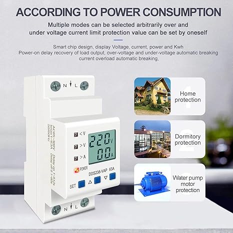 Single Phase Voltage Protector with Energy Meter, 1-63A, 85-300V, LCD, Programmable, Auto-Reconnect DIN Rail