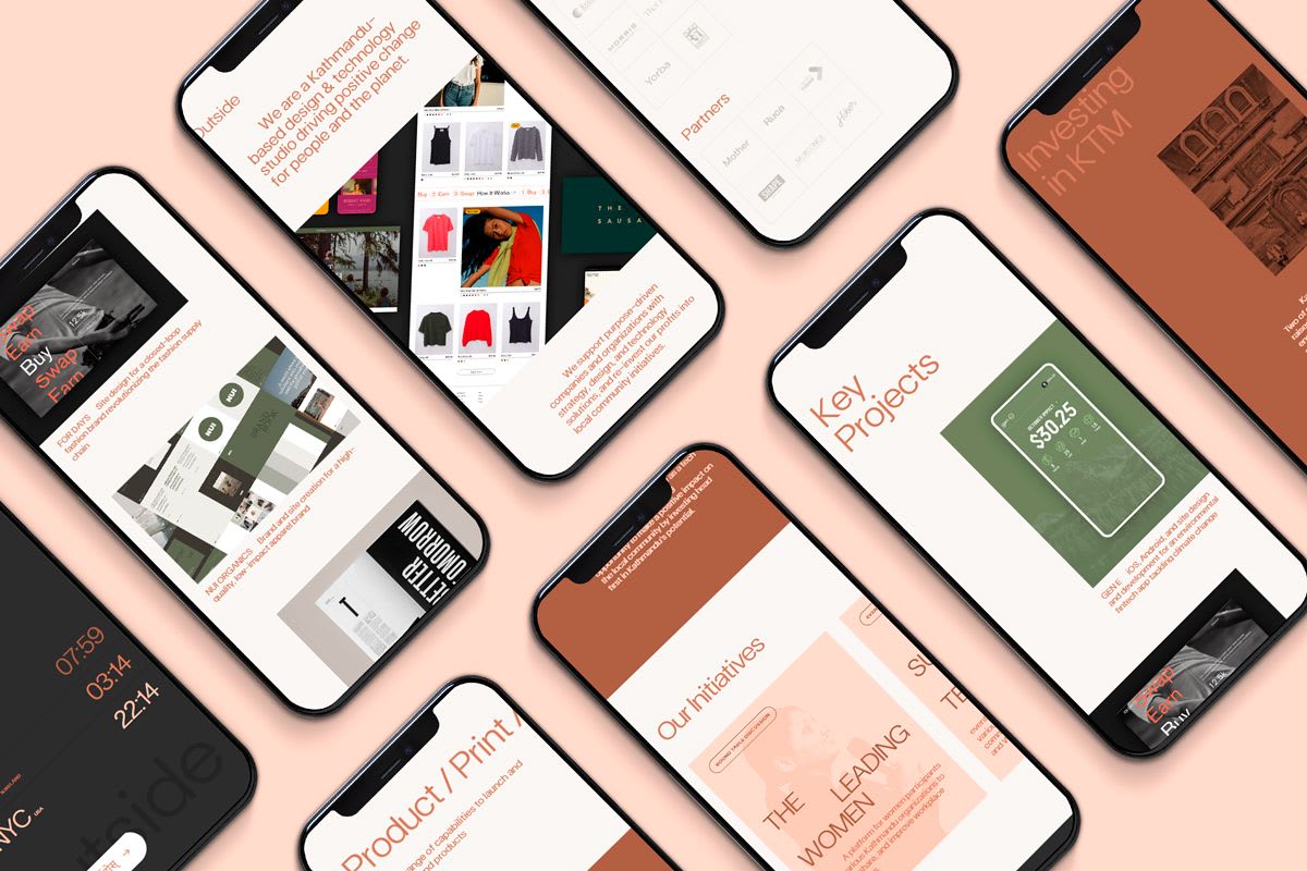 multiple phones laying next to each other all with screenshots of the Outside tech website