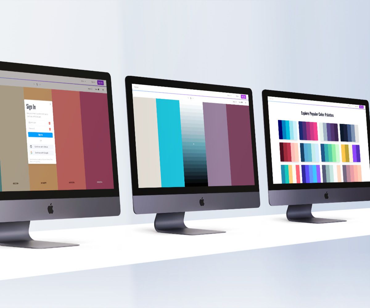 Three iMacs on a desk all with a web browser open viewing the Coolors clone web app